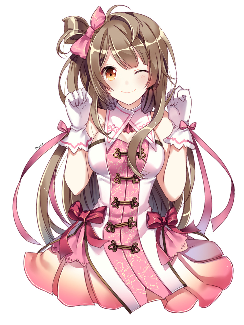 1girl ahoge artist_request blush breasts brown_hair cleavage closed_mouth dress female gloves gold_eyes highres long_hair looking_at_viewer love_live!_school_idol_project minami_kotori obot_(artist) one_eye_closed pink_ribbon ribbon smile solo white_gloves wink