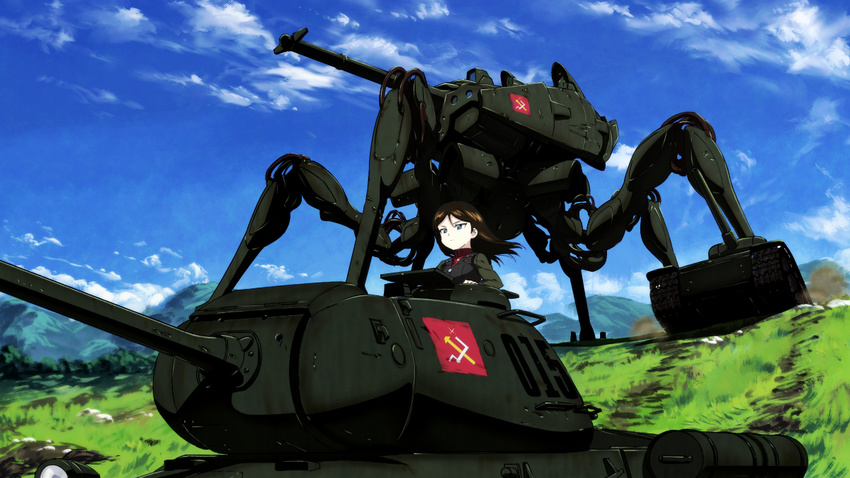 black_hair blue_eyes blue_sky cloud commentary_request day dust emblem girls_und_panzer green_jacket ground_vehicle is-2 jacket landscape long_hair long_sleeves mecha military military_uniform military_vehicle motor_vehicle neogeon nonna outdoors pravda_(emblem) pravda_military_uniform red_shirt shirt sky solo sora_no_woto symbol takemikazuchi tank turtleneck uniform vest walker