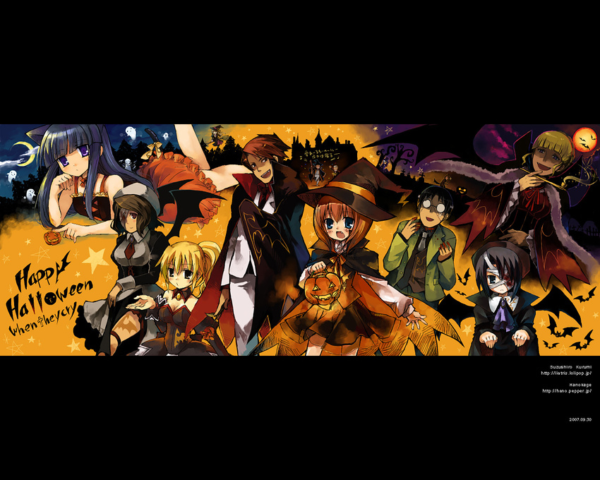 5girls angel_mort animal_ears beatrice black_hair blonde_hair blue_eyes blue_hair breasts brown_eyes brown_hair bubble_skirt cape cat_ears copyright_name dress frederica_bernkastel frills ghost glasses halloween hanokage happy_halloween hat higurashi_no_naku_koro_ni holding holding_pipe jack-o'-lantern jacket kanon_(umineko) kiseru medium_breasts moon multiple_boys multiple_girls necktie orange_dress orange_hair pipe ponytail pumpkin purple_eyes red_eyes ribbon ronoue_genji shannon silver_hair skirt suzushiro_kurumi umineko_no_naku_koro_ni ushiromiya_battler ushiromiya_george ushiromiya_jessica ushiromiya_kinzou ushiromiya_kyrie ushiromiya_maria ushiromiya_rosa vampire wallpaper