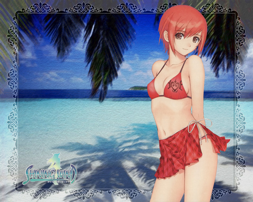 beach bikini breasts brown_eyes cleavage collarbone day medium_breasts navel ocean outdoors red_hair red_sarong sarong seena_kanon shining_(series) shining_wind short_hair solo striped striped_sarong swimsuit tanaka_takayuki thighs wallpaper