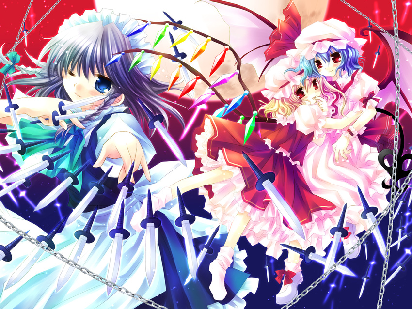 apron blonde_hair blue_eyes blue_hair bow braid chain dress flandre_scarlet hat highres izayoi_sakuya knife laevatein maid maid_headdress moon multiple_girls one_side_up red_eyes remilia_scarlet ribbon sakurazawa_izumi skirt socks touhou wallpaper wings wrist_cuffs