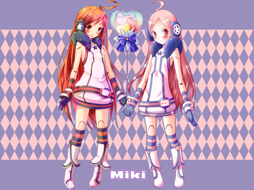 ahoge android balloon belt blush boots dress dual_persona gloves headphones headset highres kneehighs long_hair multicolored multicolored_clothes multicolored_legwear nironiro pink_eyes pink_hair red_eyes red_hair robot_joints sf-a2_miki smile socks star striped striped_gloves striped_legwear very_long_hair vocaloid wallpaper wrist_cuffs