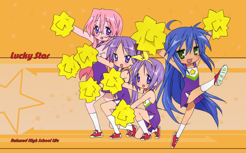 4girls ahoge blue_eyes blue_hair blush cheerleader glasses green_eyes highres hiiragi_kagami hiiragi_tsukasa izumi_konata long_hair lucky_star multiple_girls pink_hair pom_poms purple_eyes purple_hair ribbon short_hair sneakers socks star takara_miyuki twintails very_long_hair