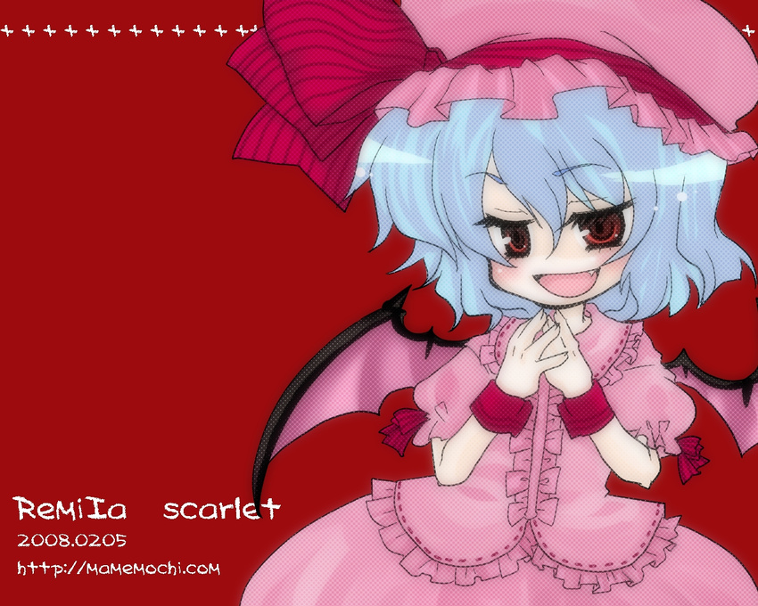 2008 :d bangs bat_wings blue_hair blush bow character_name chibi demon_girl dress fang fingernails flat_chest frills hands_clasped hat lolita_fashion long_fingernails looking_at_viewer mame. naughty_face open_mouth own_hands_together pink_hat red_eyes remilia_scarlet short_hair simple_background smile solo striped touhou wallpaper wings wrist_cuffs