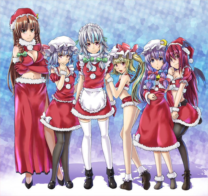 alto-00 bat_wings blonde_hair braid china_dress chinese_clothes christmas cleavage_cutout crop_top dress elbow_gloves flandre_scarlet gloves hat highres hong_meiling izayoi_sakuya koakuma legs long_hair midriff miniskirt multiple_girls pantyhose patchouli_knowledge purple_eyes purple_hair red_eyes red_hair remilia_scarlet santa_hat short_hair shorts siblings side_ponytail silver_hair skirt the_embodiment_of_scarlet_devil touhou twin_braids wings