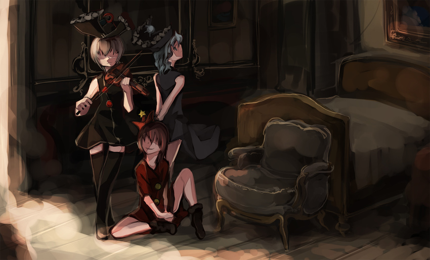 adapted_costume armchair bed blonde_hair chair dress hat highres instrument lunasa_prismriver lyrica_prismriver merlin_prismriver multiple_girls painting_(object) room shimadoriru sitting standing thighhighs touhou violin