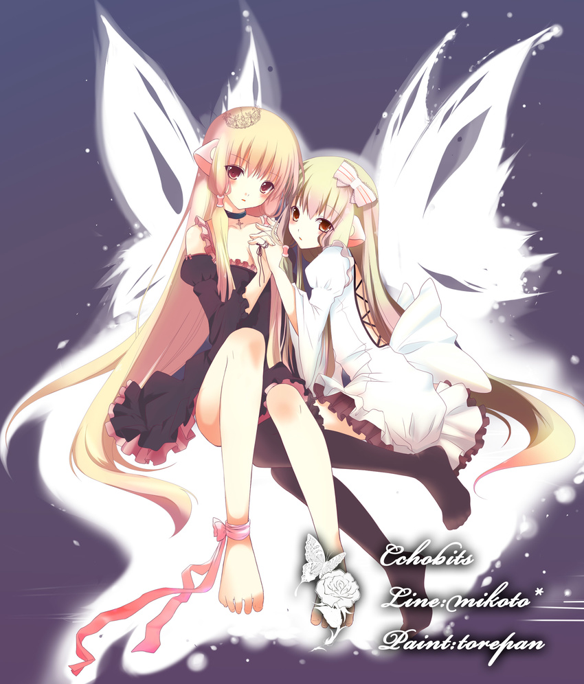 absurdres bad_id bad_pixiv_id bare_shoulders barefoot black_legwear black_skirt blonde_hair bug butterfly chii chobits choker cleavage_cutout colorized cross crown detached_sleeves dress dribble flower freya_(chobits) frilled_dress frills hair_ribbon highres holding_hands insect jewelry knees long_hair looking_at_viewer multiple_girls nana_mikoto necklace ribbon robot_ears rose siblings sisters skirt thighhighs twins white_flower white_rose white_skirt wings