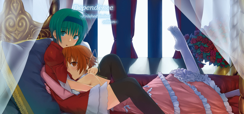 bed curtains dress frilled_dress frills glasses green_eyes green_hair highres hug ken-1 multiple_girls orange_eyes orange_hair pillow thighhighs to_heart_2 window yamada_michiru yoshioka_chie yuri