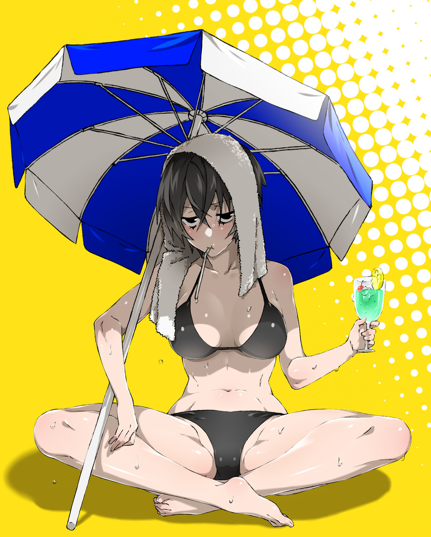 arizuka_(catacombe) beach_umbrella black_eyes black_hair blue_hawaii breasts drinking_straw food fruit glass highres indian_style large_breasts lemon lemon_slice mouth_hold navel original short_hair sitting solo towel towel_on_head tropical_drink umbrella