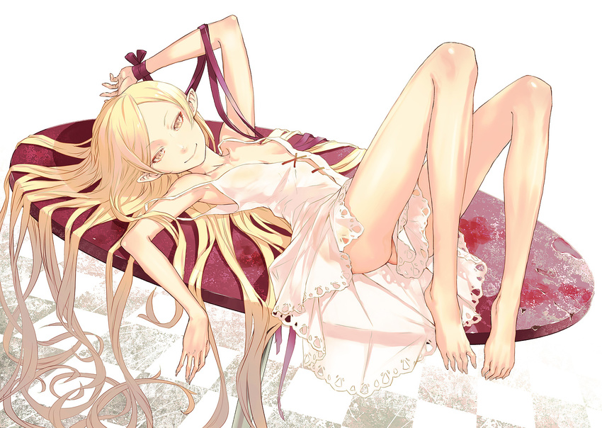 ass bakemonogatari bare_legs bare_shoulders barefoot blonde_hair breasts checkered checkered_floor cleavage dress kiss-shot_acerola-orion_heart-under-blade kizumonogatari long_hair looking_at_viewer lying md5_mismatch monogatari_(series) no_panties on_back on_table oshino_shinobu pointy_ears redjuice ribbon small_breasts smile solo table very_long_hair white_dress wrist_ribbon yellow_eyes