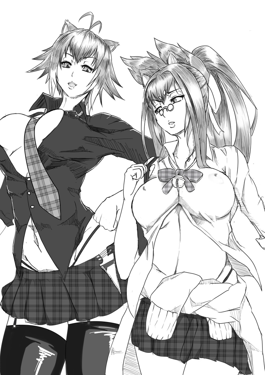 animal_ears antenna_hair bag bell black_legwear black_panties black_shirt blazblue bow breasts carrying_over_shoulder cat_ears cleavage clothes_around_waist covered_nipples from_below garter_belt glasses greyscale hand_on_hip handbag highleg highleg_panties highres huge_breasts jacket jacket_around_waist kokonoe large_breasts long_hair looking_at_another makoto_nanaya midriff miniskirt monochrome multicolored_hair multiple_girls navel necktie no_bra nontan_(nontanexx) open_clothes open_mouth open_shirt panties pince-nez plaid plaid_skirt pleated_skirt puffy_nipples ribbon safety_pin school_uniform shirt short_hair side_slit skirt squirrel_ears thighhighs two-tone_hair unbuttoned unbuttoned_shirt underwear unmoving_pattern unzipped white_background