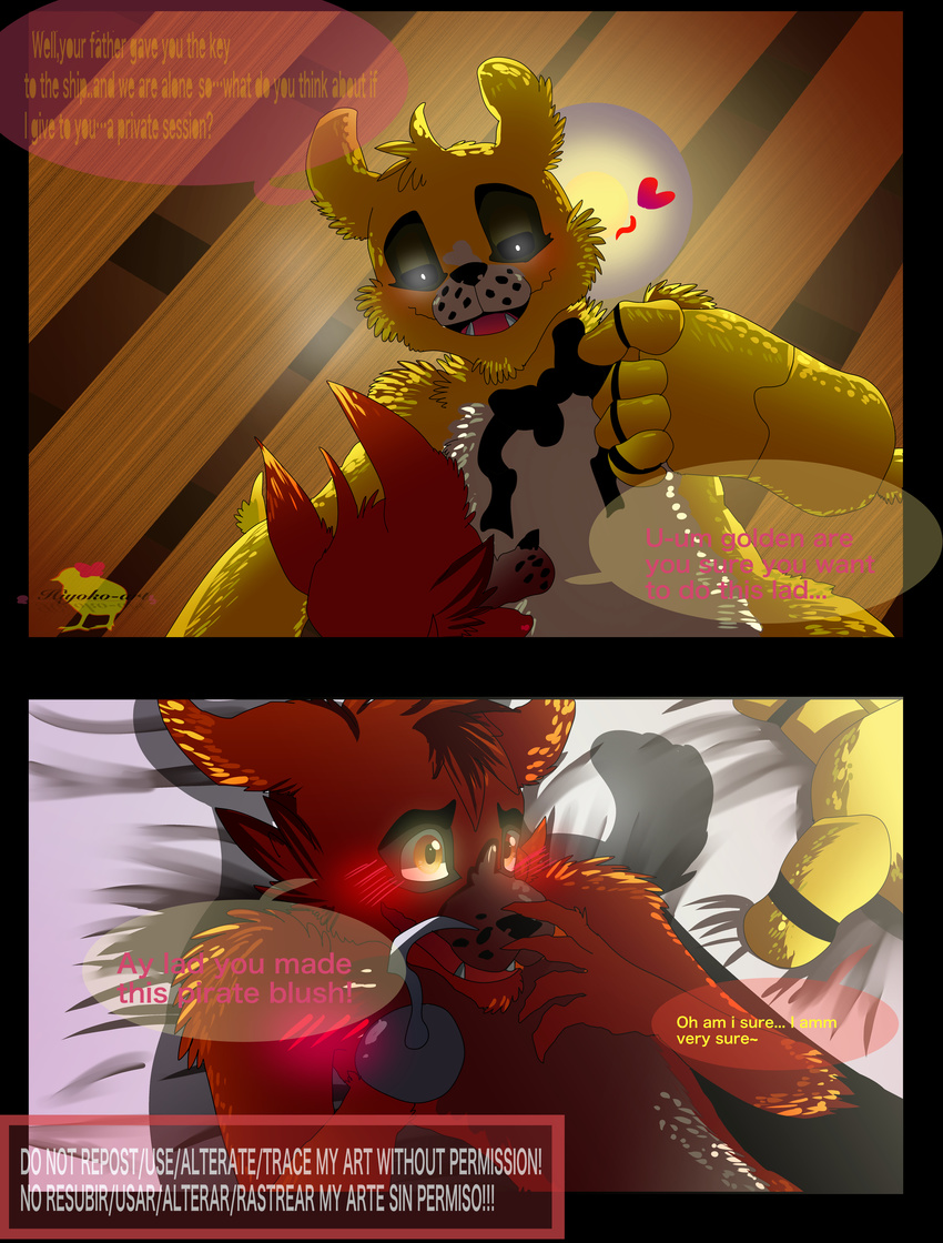 &lt;3 absurd_res animatronic anthro bear bed blush bow_tie canine comic dialogues digital_media_(artwork) duo fangs five_nights_at_freddy's fox foxy_(fnaf) fur golden_freddy_(fnaf) half-closed_eyes hi_res hiyoko hook love machine male male/male mammal pirate red_fur robot ship smile vehicle video_games wood yellow_fur