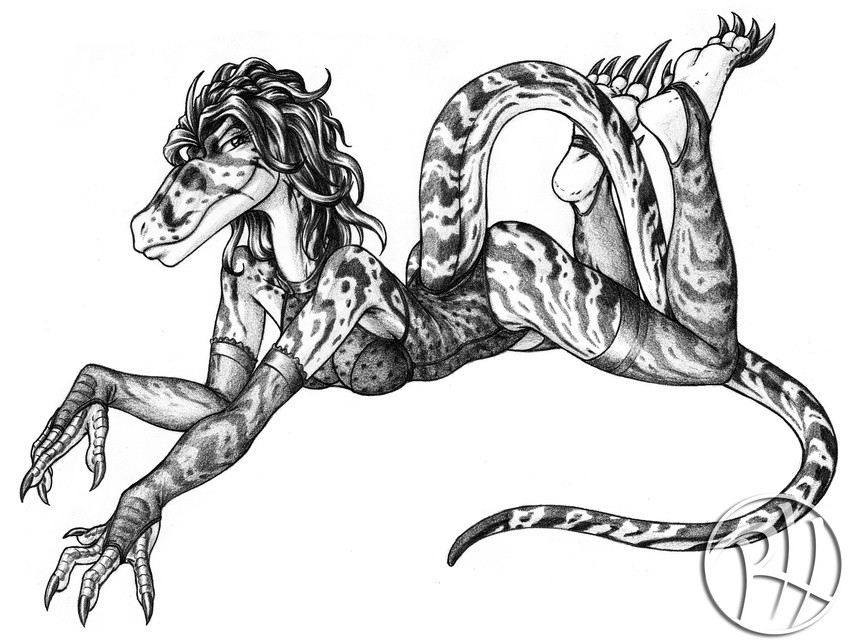 anthro anthrosaurs black_and_white breasts claws cleavage clothed clothing dinosaur feet_in_the_air female isabelle_wen lace legwear lingerie looking_at_viewer lying monochrome non-mammal_breasts on_front predaguy raptor reptile scalie stockings stripes theropod