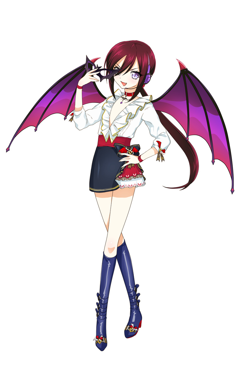 :d absurdres bare_legs bat_ornament bat_wings blouse blue_eyes blue_footwear boots commentary_request fang flat_chest hand_on_hip hand_up headphones high_heel_boots high_heels highres holding holding_mask jewelry knee_boots lady_bat long_hair looking_at_viewer mask mask_removed mermaid_melody_pichi_pichi_pitch miniskirt necklace no_bra ohisashiburi open_mouth plunging_neckline pointy_ears ponytail purple_wings red_hair simple_background skirt slit_pupils smile solo standing v-shaped_eyebrows very_long_hair white_background wings wristband
