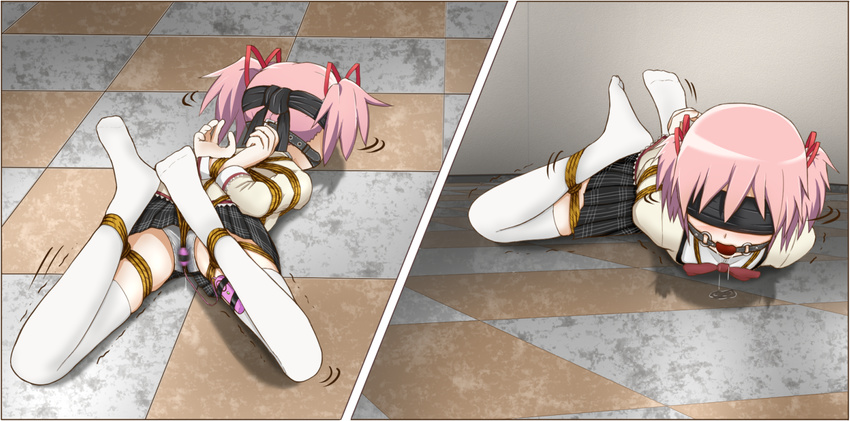 1girl arms_behind_back ball_gag bdsm blindfold blush bondage bound bound_ankles bound_arms bound_legs bound_wrists box_tie captive checkered crotch_rope drooling femuto gag gagged helpless hogtie indoors kaname_madoka lying mahou_shoujo_madoka_magica miniskirt panties pink_hair red_ribbon ribbon rope saliva school_uniform short_twintails struggling thighhighs twintails vibrator white_legwear