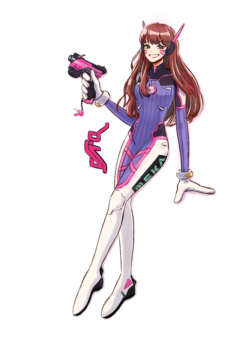 :d acronym animal_print bangs bodysuit boots bracer breasts brown_eyes brown_hair bunny_print character_name d.va_(overwatch) eyebrows eyebrows_visible_through_hair eyelashes facepaint facial_mark finger_on_trigger full_body gloves grin gun hand_up handgun headphones highres holding holding_gun holding_weapon large_hands legs_together lips lipstick long_hair long_sleeves looking_at_viewer makeup open_mouth overwatch pauldrons pilot_suit red_lips red_lipstick ribbed_bodysuit shoulder_pads simple_background small_breasts smile solo thigh_boots thigh_strap thighhighs turtleneck weapon whisker_markings white_background white_footwear white_gloves