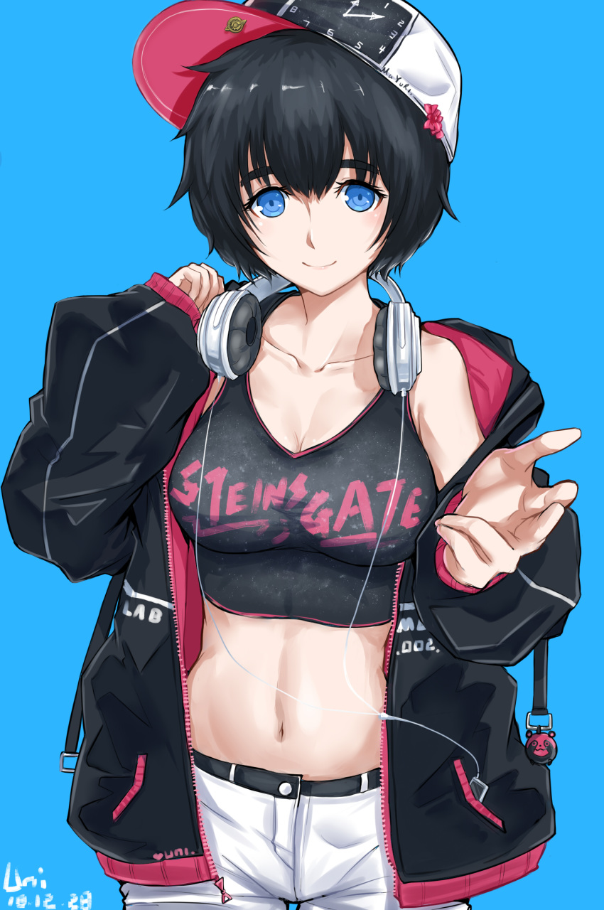 1girl alternate_costume baseball_cap black_hair blue_background blue_eyes breasts cleavage collarbone commentary_request copyright_name cowboy_shot crop_top dated digital_media_player hat headphones headphones_around_neck highres hood hoodie looking_at_viewer medium_breasts midriff navel revision shiina_mayuri short_hair short_shorts shorts signature simple_background sleeveless smile solo steins;gate tank_top unique_(pixiv12704744) upa_(steins;gate)