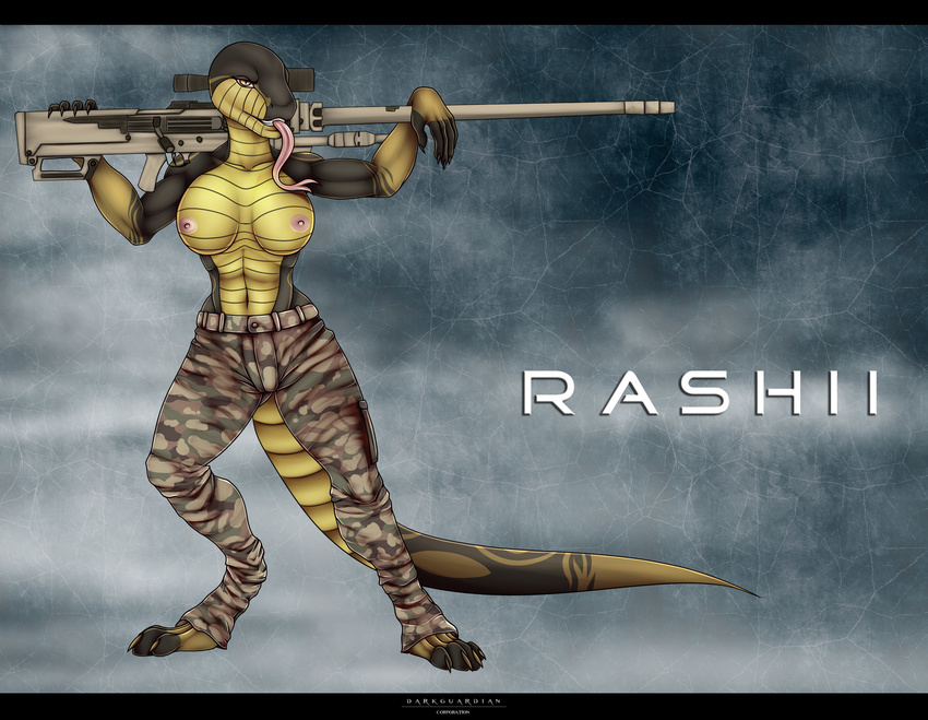 2016 5_fingers anthro areola big_breasts breasts claws clothed clothing dark_guardian_corporation digital_media_(artwork) digitigrade female gun looking_at_viewer nipples non-mammal_breasts ranged_weapon rashii reptile rifle scalie scope simple_background smile snake sniper_rifle solo text tongue tongue_out topless weapon