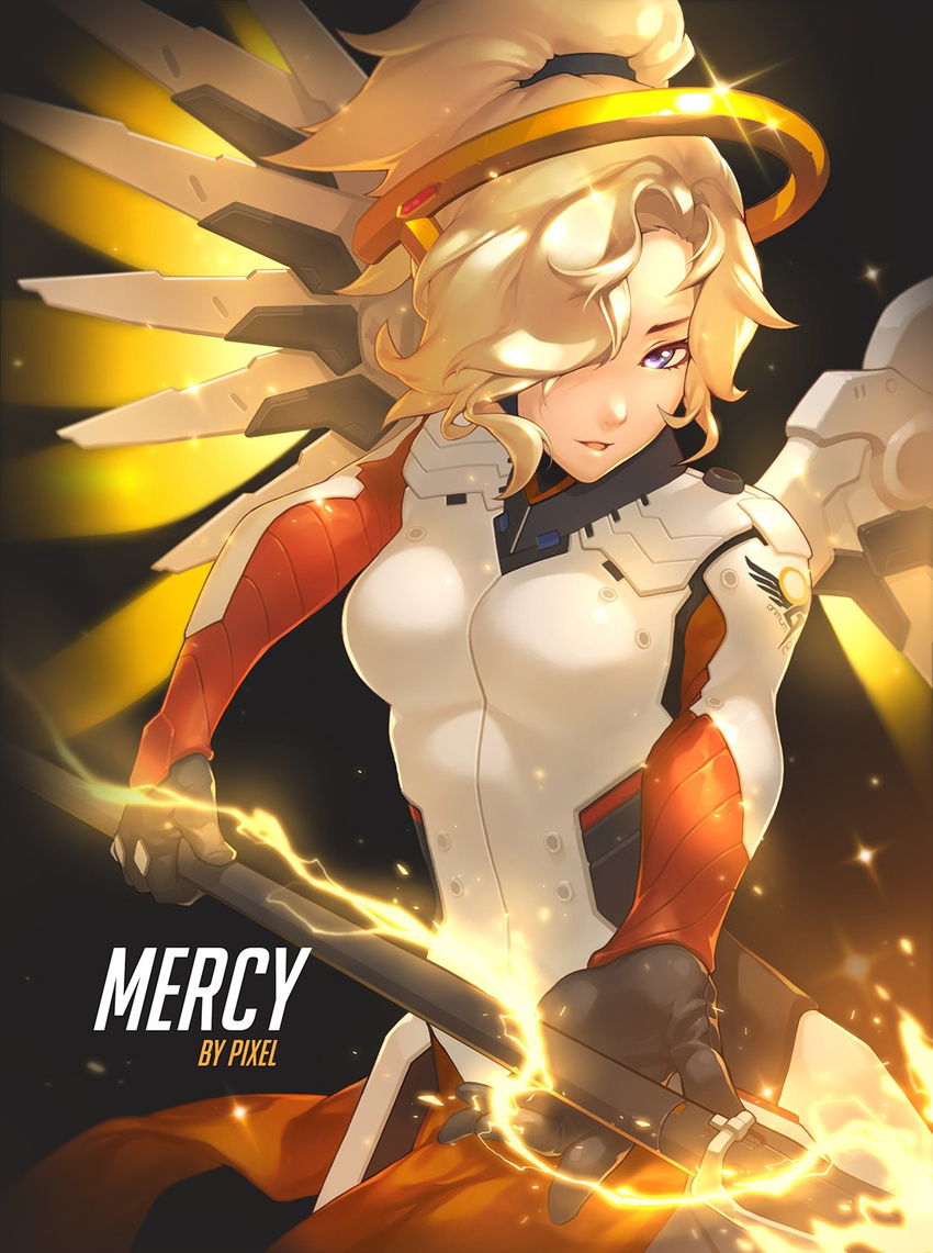 armor artist_name bangs black_gloves blonde_hair blue_eyes bodysuit breastplate breasts character_name cowboy_shot eyelashes faulds gloves glowing glowing_wings headgear highres holding holding_staff holding_weapon jpeg_artifacts loincloth long_hair long_sleeves looking_at_viewer mechanical_halo mechanical_wings medium_breasts mercy_(overwatch) overwatch pantyhose parted_lips pelvic_curtain pixel_(monorainy) ponytail signature solo spread_wings staff turtleneck weapon wing_print wings yellow_wings