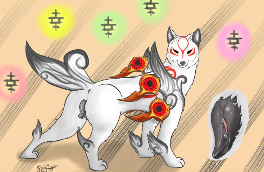 2016 amaterasu animal_genitalia animal_pussy anus black_sclera butt canine canine_pussy capcom close-up deity female feral fur looking_at_viewer mammal markings nintendo pussy pussy_juice quadruped red_fur selixjackal simple_background solo video_games weapon white_fur wolf ōkami