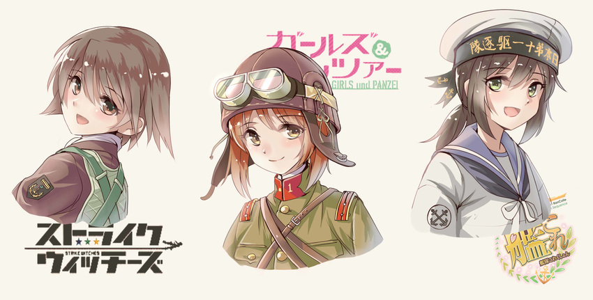 alternate_costume backlighting brown_eyes brown_hair copyright_name crossover fubuki_(kantai_collection) girls_und_panzer goggles goggles_on_head green_eyes hat helmet highres imperial_japanese_army imperial_japanese_navy kantai_collection light long_hair longmei_er_de_tuzi looking_at_viewer looking_back military military_hat military_uniform miyafuji_yoshika multiple_crossover multiple_girls nishizumi_miho open_mouth patch pilot ponytail portrait sailor sailor_hat scarf short_hair short_ponytail smile soldier strap strike_witches trait_connection uniform white_background world_war_ii world_witches_series