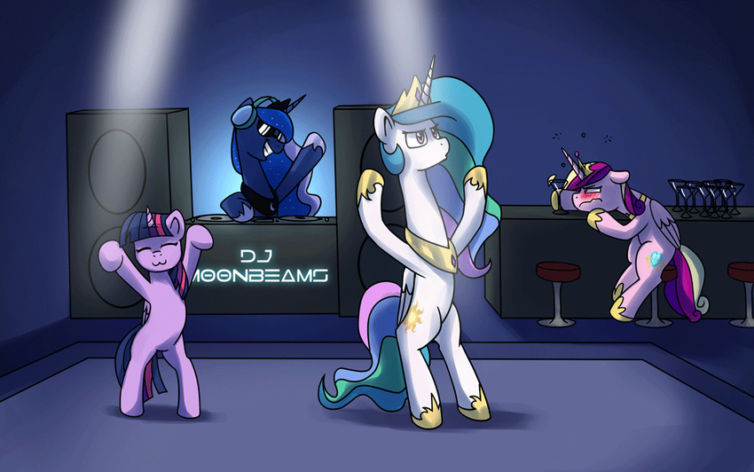 2016 animated anticularpony crown dancing drunk english_text equine feathered_wings feathers female feral friendship_is_magic furniture group headphones horn inside jewelry mammal my_little_pony necklace princess_cadance_(mlp) princess_celestia_(mlp) princess_luna_(mlp) rave smile speakers text twilight_sparkle_(mlp) unicorn winged_unicorn wings