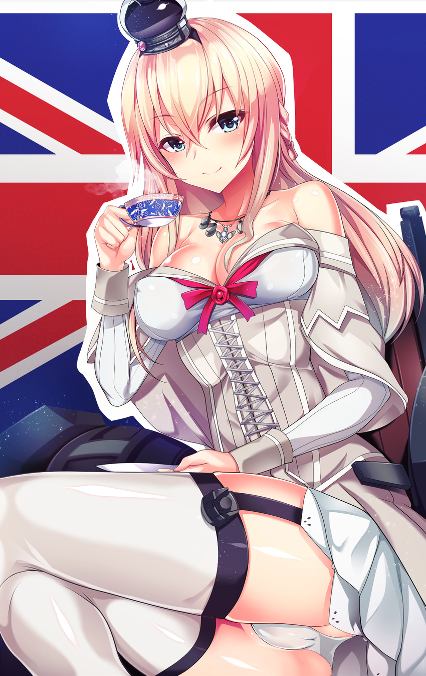 bad_id bad_pixiv_id blonde_hair blue_eyes braid breasts cleavage crotch crown cup dress england flag_background french_braid garter_straps hair_between_eyes hairband highres kantai_collection long_hair long_sleeves mini_crown panties silly_(marinkomoe) sitting smile solo teacup thighhighs underwear union_jack united_kingdom warspite_(kantai_collection) white_dress white_legwear