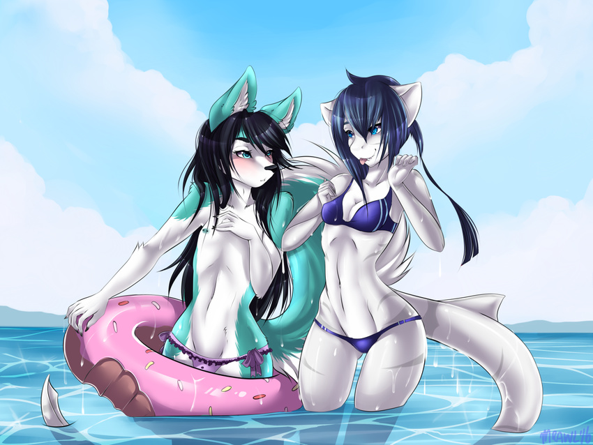 2016 anthro bikini black_hair blue_hair blush breasts canine cleavage clothed clothing conditional_dnp dog duo female fish fluffy fluffy_tail frilly front_view fur girly green_fur grey_skin hair hand_on_chest husky inner_tube long_hair long_tail looking_away male mammal marine mrawl multicolored_fur nipple_piercing nipples nomi_(iroka) partially_submerged piercing ribbons sea shark small_breasts smile standing swimsuit tongue tongue_out topless two_tone_fur water wet white_countershading white_fur wide_hips zeke_fierceclaw