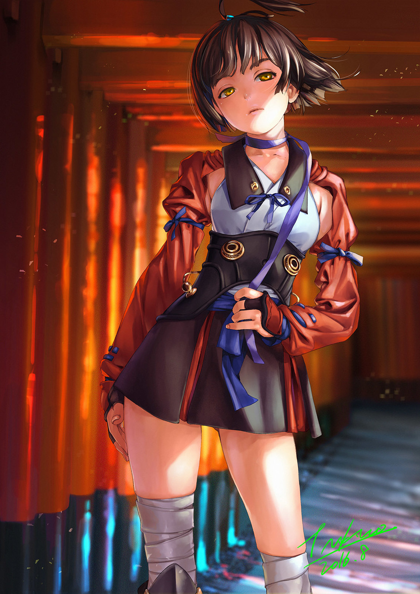 bandages bangs breasts brown_eyes brown_hair choker commentary_request hakama_skirt highres japanese_clothes kimono kimono_skirt koutetsujou_no_kabaneri long_sleeves looking_at_viewer multiple_torii mumei_(kabaneri) nakano_tomokazu ribbon ribbon_choker short_hair signature small_breasts solo standing torii underbust