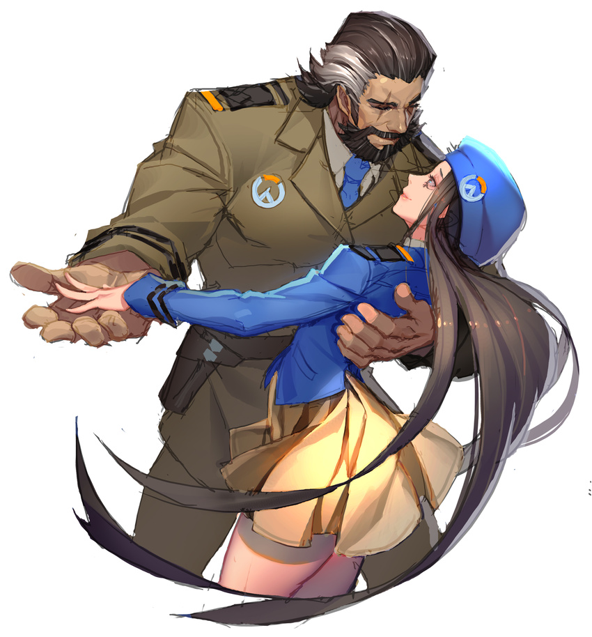 1girl absurdres alternate_costume ana_(overwatch) beard beret blue_jacket blue_neckwear brown_hair captain_amari closed_eyes cowboy_shot dancing dress_shirt emblem eye_of_horus facial_hair facial_mark facial_tattoo han-0v0 hand_on_another's_back hand_on_another's_hand hat highres holster jacket large_hands lips logo long_hair long_sleeves military military_uniform mustache necktie overwatch pants parted_lips pink_lips pleated_skirt reinhardt_(overwatch) scar scar_across_eye shirt short_hair simple_background skirt tattoo uniform very_long_hair white_background white_shirt yellow_skirt younger