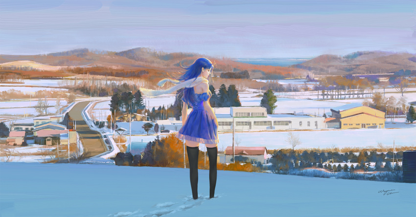 bare_shoulders blue_hair building cityscape forest highres hill lipstick long_hair looking_to_the_side makeup nature original profile puffy_sleeves road scarf scenery snow solo thighhighs traditional_media wayne_chan wind winter zettai_ryouiki