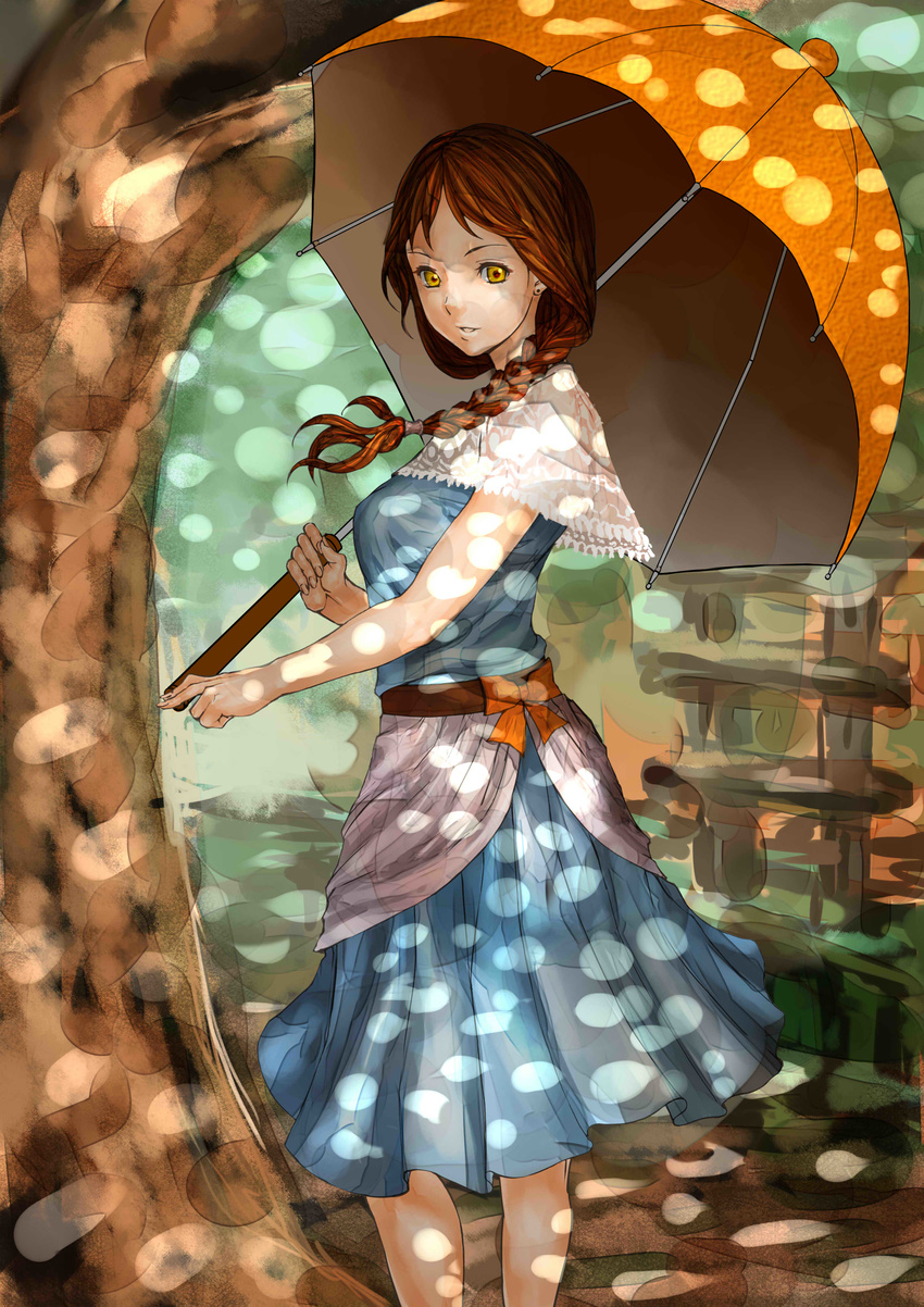 absurdres bad_id bad_pixiv_id blue_dress bow braid brown_hair capelet commentary_request cowboy_shot dappled_sunlight dress from_side highres holding holding_umbrella long_hair looking_at_viewer orange_bow orangina parted_lips personification shimashima_(simasima_23) single_braid smile solo sunlight tree umbrella yellow_eyes