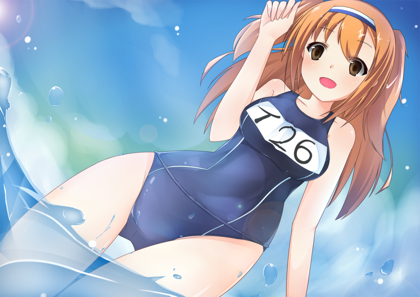 bad_id bad_pixiv_id breasts clothes_writing cloud day hairband i-26_(kantai_collection) kantai_collection large_breasts light_brown_eyes light_brown_hair long_hair misu_t_(ccc) name_tag new_school_swimsuit ocean one-piece_swimsuit open_mouth school_swimsuit sky smile solo swimsuit two-tone_hairband two_side_up water