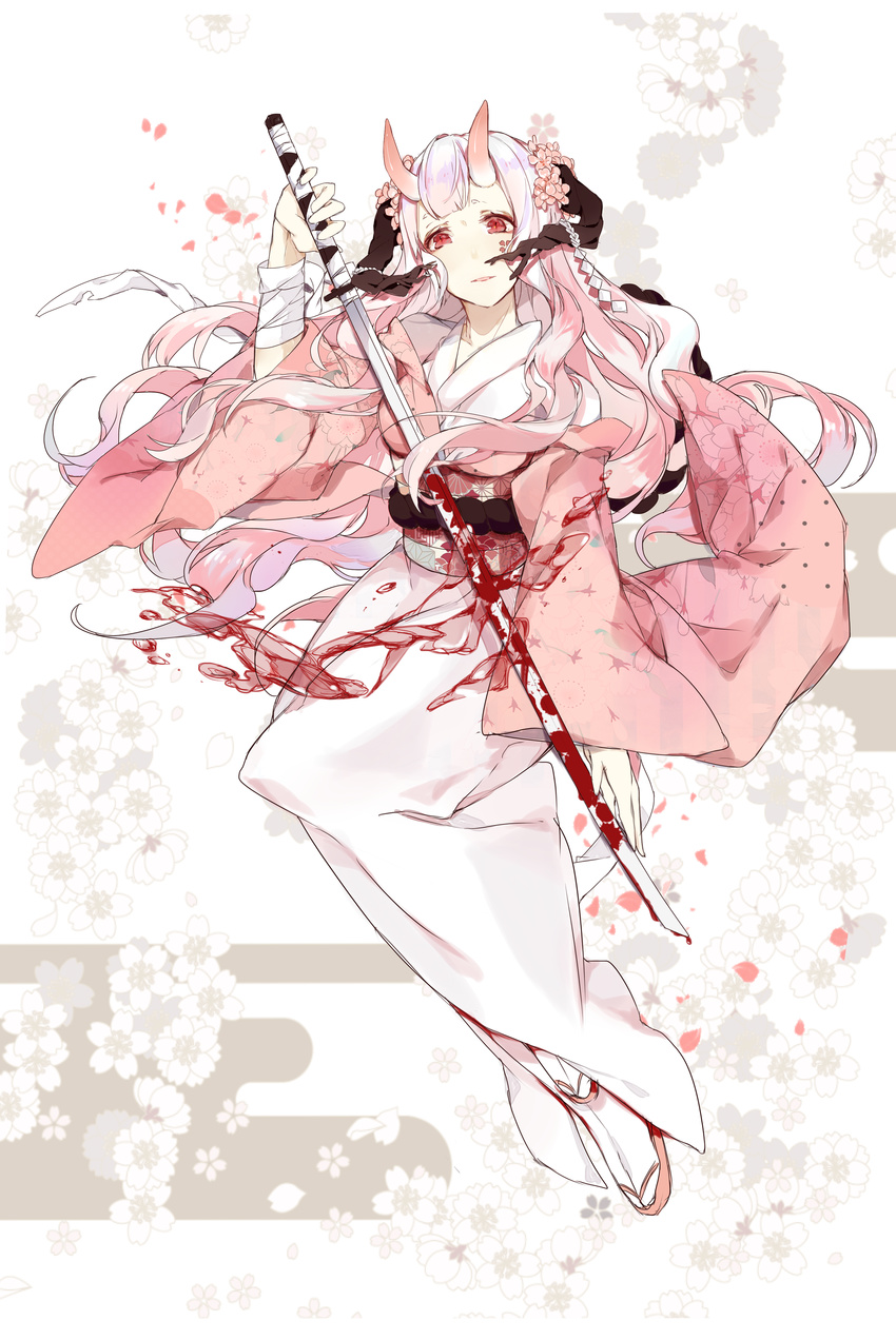 absurdres bad_id bad_pixiv_id bandaged_arm bandages bangs blood blood_splatter cherry_blossoms commentary_request floral_background full_body highres holding holding_sword holding_weapon japanese_clothes katana kimono legs_together long_hair looking_at_viewer miyuki_(miyuki0529) multicolored_hair obi oni oni_horns original parted_lips pink_hair red_eyes sandals sash silver_hair solo sword tabi two-tone_hair wavy_hair weapon white_background white_kimono white_legwear