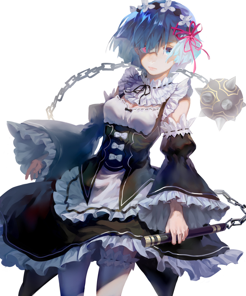 blue_eyes blue_hair breasts cleavage detached_sleeves dress frills hair_ornament hair_over_one_eye hair_ribbon highres kirired looking_at_viewer maid maid_headdress re:zero_kara_hajimeru_isekai_seikatsu red_ribbon rem_(re:zero) ribbon short_hair simple_background small_breasts solo spike_ball spiked_mace weapon white_background white_legwear x_hair_ornament