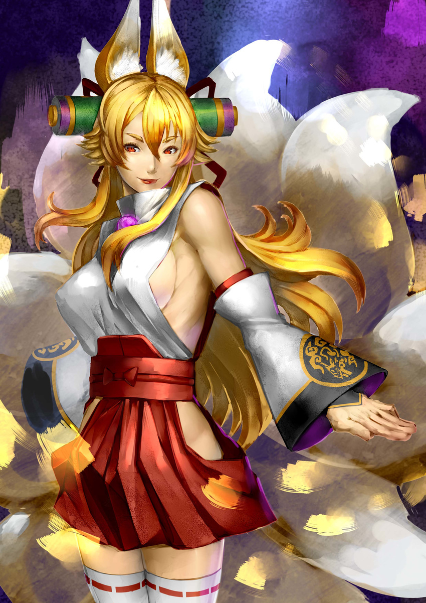 absurdres animal_ears armpit_peek bad_id bad_pixiv_id bare_shoulders blonde_hair breasts closed_mouth commentary_request cowboy_shot detached_sleeves fox_ears fox_girl fox_tail hair_ribbon hakama_skirt highres hip_vent izuna_(shinrabanshou) japanese_clothes kitsune kyuubi lipstick long_hair looking_at_viewer makeup medium_breasts miko multiple_tails red_eyes red_lipstick red_ribbon red_skirt ribbon ribbon-trimmed_legwear ribbon_trim scroll shimashima_(simasima_23) shinrabanshou sideboob sidelocks skirt slit_pupils smile solo tail thighhighs white_legwear wide_sleeves