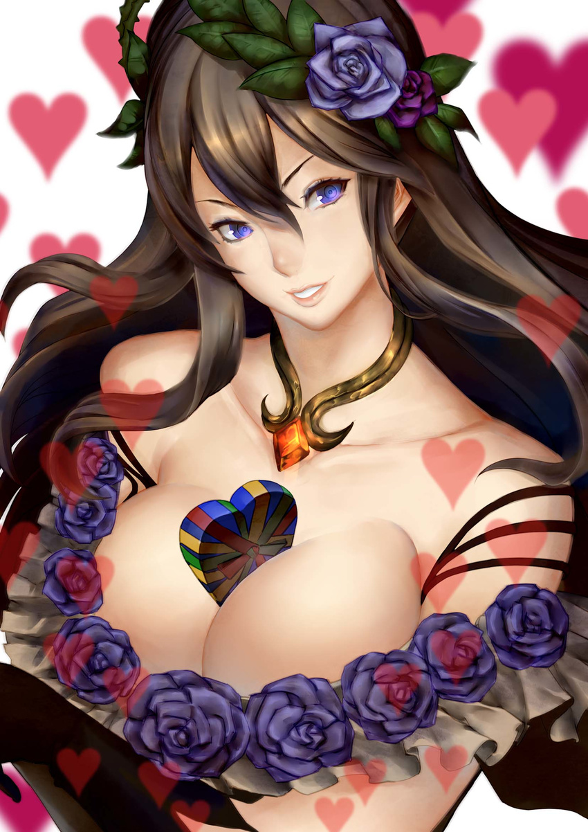 &gt;:) bare_shoulders between_breasts blue_eyes box breast_hold breasts brown_gloves brown_hair cleavage collarbone commentary_request flower gift gift_between_breasts gift_box gloves granblue_fantasy hair_between_eyes hair_flower hair_ornament heart heart-shaped_box highres jewelry large_breasts long_hair looking_at_viewer parted_lips pendant purple_flower purple_rose rose rosetta_(granblue_fantasy) shimashima_(simasima_23) sidelocks smile solo upper_body v-shaped_eyebrows