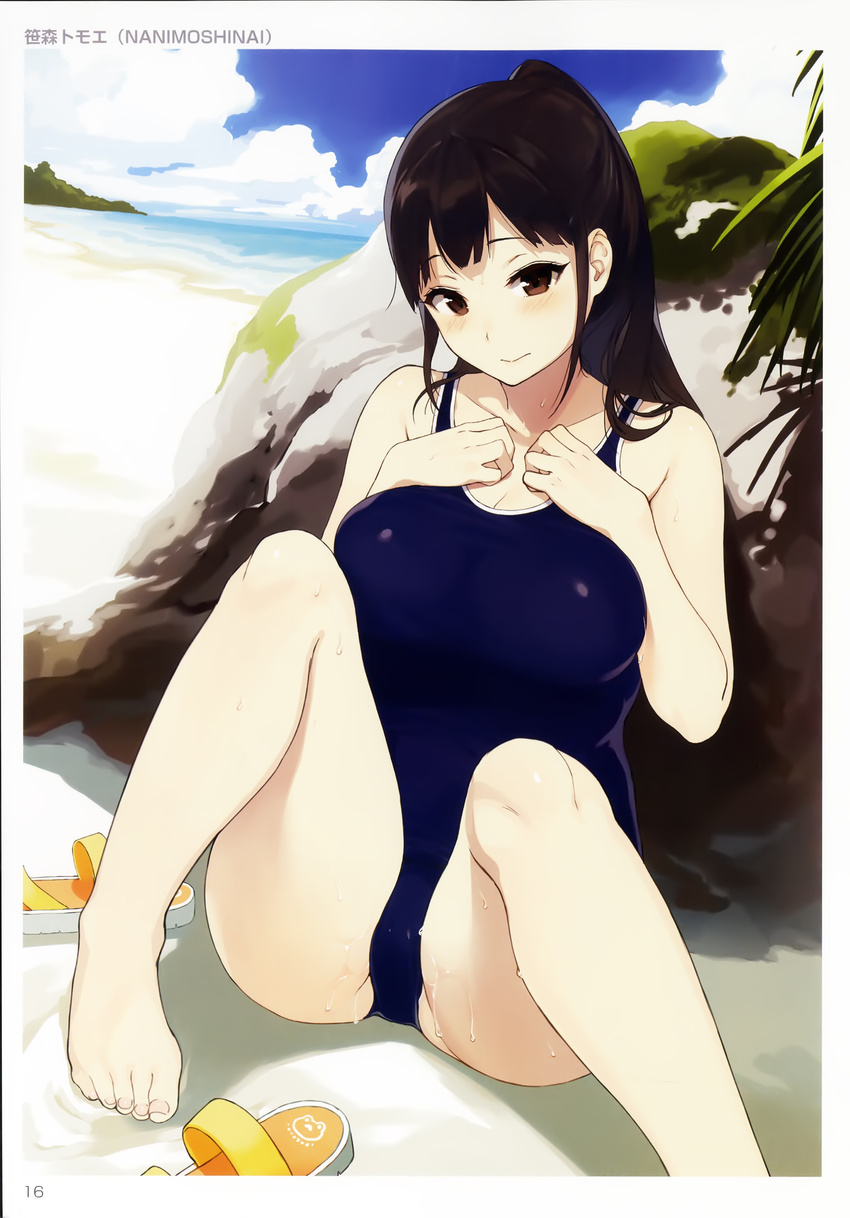 absurdres against_rock artist_name bangs bare_arms bare_legs bare_shoulders barefoot beach blue_sky blue_swimsuit blush breasts brown_eyes brown_hair circle_name cleavage closed_mouth cloud collarbone day feet flip-flops hands_on_own_chest hands_up highres horizon knees_up large_breasts long_hair looking_at_viewer moss ocean one-piece_swimsuit outdoors ponytail rock sand sandals sandals_removed sasamori_tomoe school_swimsuit shiny shiny_clothes sitting skirt sky solo swimsuit toenails toranoana tree water wet