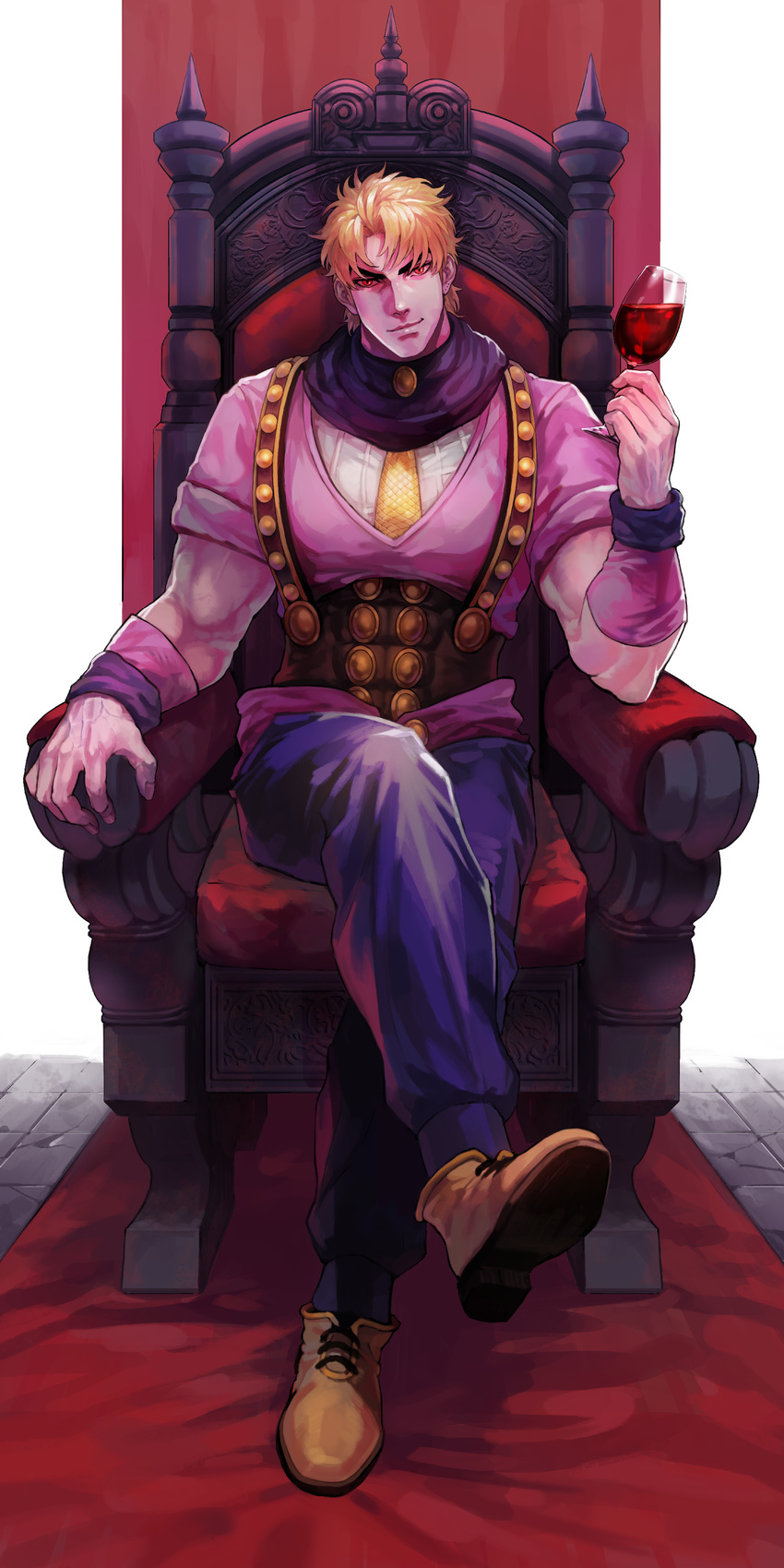 absurdres alcohol birthmark blonde_hair chair crossed_legs cup dio_brando drinking_glass full_body highres jojo_no_kimyou_na_bouken male_focus muscle red_eyes sb_(hiratsei) sitting smile solo veins wine wine_glass