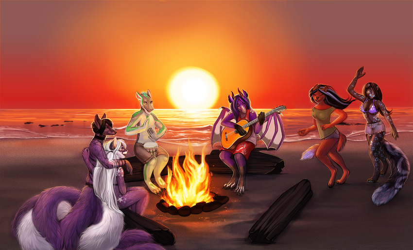 4_toes 5_fingers 9_tails alena_(kaelleon) anthro arm_on_shoulder beach bent_arm bent_leg biped black_claws black_hair black_markings bonfire boxers_(clothing) bra breasts brown_hair canine cat cetacean choker claws clear_sky clothed clothing composing_music curved_horn darktoast digital_media_(artwork) digital_painting_(artwork) digitigrade dipstick_tail dolphin dragon drum drummer evening eyes_closed feline female fire fish fox fur green_scales grey_fur grey_scales group guitar hair hand_on_back happiness horn hot_pants hug huge_tail in_arms jinxy_falina kinky_wolfess leopard long_hair male mammal marine markings membranous_wings multi_tail multicolored_fur multicolored_scales multicolored_tail musical_instrument open_mouth orange_fur partially_clothed pointy_ears procene purple_fur purple_hair purple_horn purple_scales raised_arm ridged_horn romantic_couple running scales sea seaside shaded shark shirt short_hair silver_(oxsilverxo) simple_background sitting smile snout snow_leopard soft_shading star_marking sunset tank_top theowlette toes two_tone_fur underwear walking water wave western_dragon white_fur white_scales wings wolf