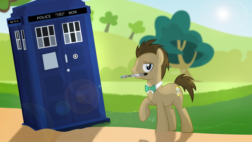 2016 blue_eyes bow_tie brown_fur brown_hair crossover cutie_mark doctor_who doctor_whooves_(mlp) earth_pony equine feral friendship_is_magic fur grass hair horse landscape lens_flare looking_at_viewer male mammal my_little_pony nature outside pony shutterflyeqd sky solo sun tardis tree