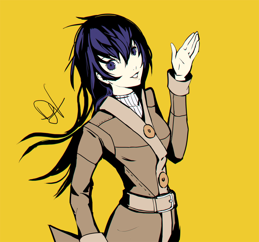 bad_id bad_tumblr_id bangs belt blue_eyes blue_hair coat cowboy_shot dh_(brink_of_memories) lips long_hair long_sleeves looking_at_viewer persona persona_4 persona_x_detective shirogane_naoto signature simple_background smile solo waving winter_clothes winter_coat yellow_background