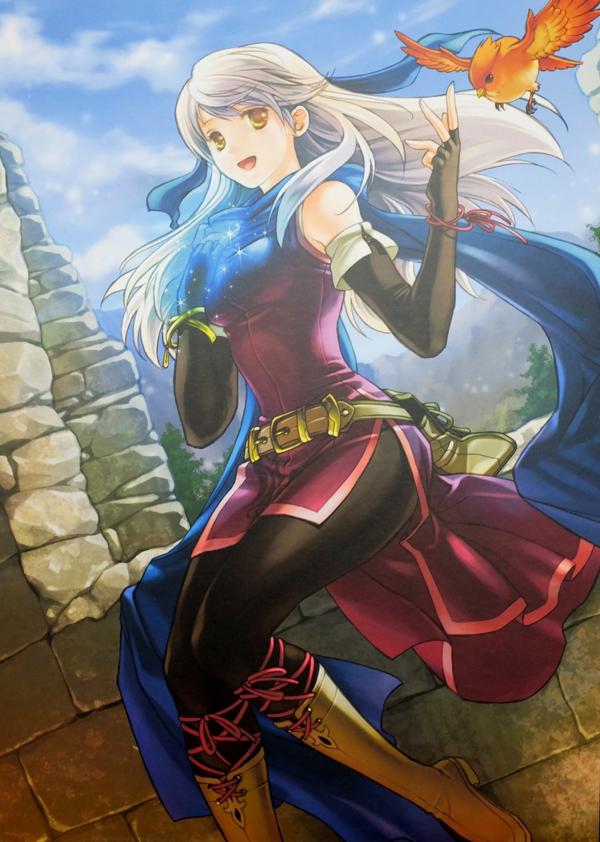 bare_shoulders bird black_gloves black_legwear blue_scarf boots day dress elbow_gloves fingerless_gloves fire_emblem fire_emblem:_akatsuki_no_megami fire_emblem_cipher gloves hair_ribbon half_updo highres kita_senri long_hair magic micaiah official_art open_mouth pantyhose ribbon scarf side_slit silver_hair sitting sky sleeveless sleeveless_dress smile solo yellow_eyes yune