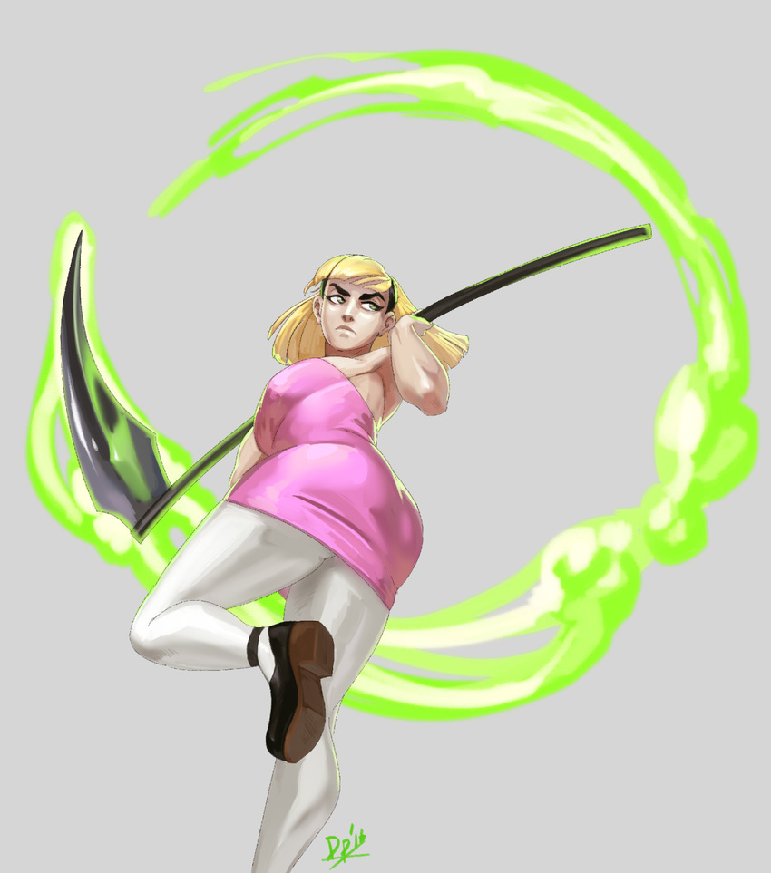 1girl bare_shoulders blonde_hair breasts commentary curvy diepod dress eyebrows eyeliner grey_background hairband highres large_breasts long_hair makeup mandy mary_janes no_bra older over_shoulder pantyhose pink_dress scythe shoes solo strapless strapless_dress the_grim_adventures_of_billy_&amp;_mandy thick_eyebrows weapon weapon_over_shoulder white_legwear