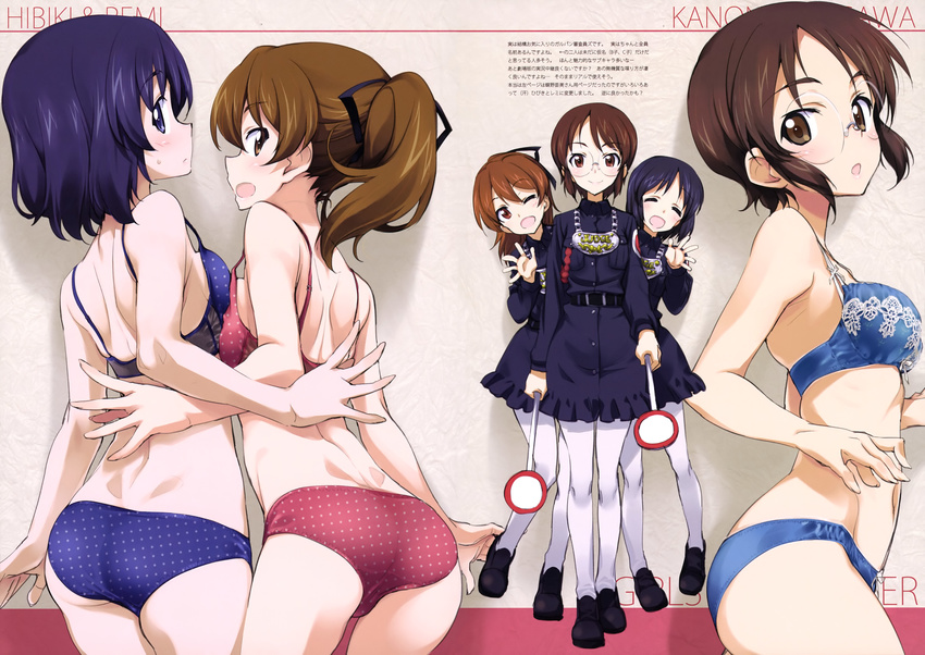 absurdres ass bangs belt black_dress black_footwear blue_bra blue_eyes blue_hair blue_panties blush bow bow_bra bow_panties bra breast_press breasts brown_eyes brown_hair closed_eyes cowboy_shot dress from_behind girls_und_panzer glasses grin hair_ribbon highres holding inatomi_hibiki jewelry kurashima_tomoyasu long_sleeves looking_at_viewer looking_back multiple_girls necklace one_eye_closed open_mouth panties pantyhose pink_bra pink_panties polka_dot polka_dot_bra polka_dot_panties ponytail ribbon sasagawa_kanon shoes short_dress short_hair sign smile standing sweatdrop takashima_remi underwear underwear_only uniform waving white_legwear