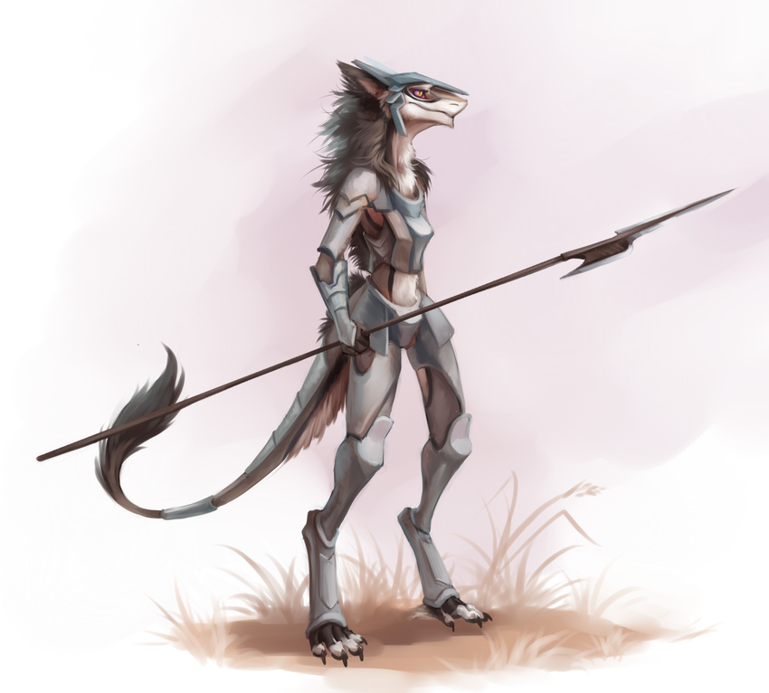 4_fingers akineza armor digitigrade female fur grey_fur melee_weapon midriff polearm red_eyes sergal simple_background solo spear standing weapon white_background white_fur