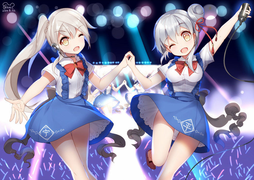 2girls ;d bison_cangshu blue_skirt bow breasts concert crowd dated glowstick grey_hair hair_ribbon headset holding_hands long_hair looking_at_viewer medium_breasts microphone multiple_girls ning_hai_(zhan_jian_shao_nyu) one_eye_closed open_mouth petticoat ping_hai_(zhan_jian_shao_nyu) ribbon side_bun side_ponytail skirt smile spotlight suspender_skirt suspenders yellow_eyes zhan_jian_shao_nyu