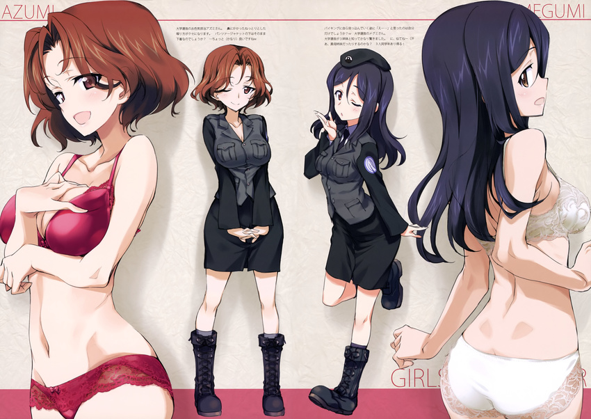 :d ;) absurdres ass azumi_(girls_und_panzer) beret black_footwear black_hair black_hat black_skirt boots bow bow_panties bra breast_suppress breasts brown_eyes brown_hair collarbone cross-laced_footwear emblem eyebrows eyebrows_visible_through_hair eyes_visible_through_hair girls_und_panzer grey_legwear groin hair_between_eyes hair_over_one_eye hat highres interlocked_fingers japanese_tankery_league_(emblem) kneehighs kurashima_tomoyasu lace lace-trimmed_bra lace-trimmed_panties leg_up long_hair long_sleeves looking_at_viewer medium_breasts megumi_(girls_und_panzer) military military_uniform multiple_girls navel one_eye_closed open_mouth panties pencil_skirt profile red_bra red_panties scan school_uniform selection_university_(emblem) selection_university_military_uniform short_hair skirt smile tsurime underwear uniform white_bra white_panties