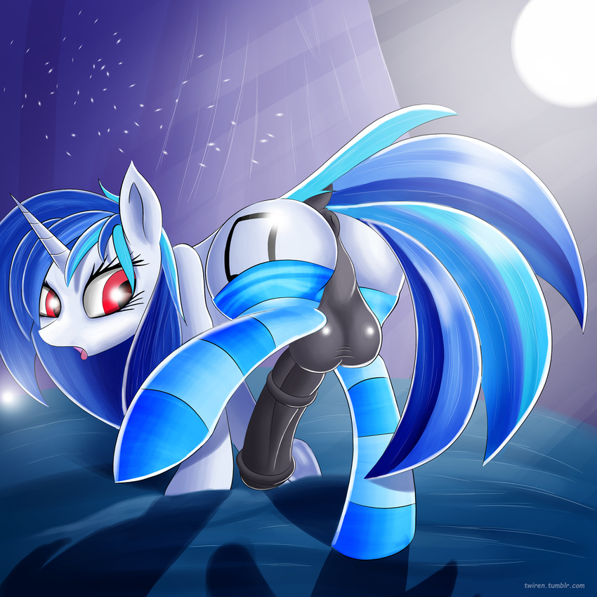 anus backsack balls butt clothing crossgender cutie_mark edit equine feral friendship_is_magic full_moon hair hi_res horn legwear looking_back male mammal moon my_little_pony open_mouth outside penis red_eyes solo stockings text tongue tongue_out twiren unicorn vinyl_scratch_(mlp)