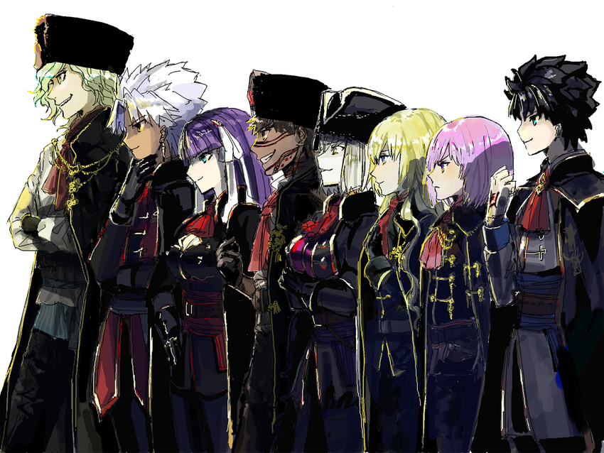 4girls alternate_costume amakusa_shirou_(fate) avenger ayamatazu black_hair blonde_hair brown_hair curly_hair dark_skin dark_skinned_male edmond_dantes_(fate/grand_order) everyone fate/apocrypha fate/grand_order fate/hollow_ataraxia fate_(series) from_side fujimaru_ritsuka_(male) gold_trim group_picture group_profile jeanne_d'arc_(alter)_(fate) jeanne_d'arc_(fate) jeanne_d'arc_(fate)_(all) lineup long_hair looking_afar mash_kyrielight multiple_boys multiple_girls profile purple_hair saint_martha simple_background standing white_background white_hair